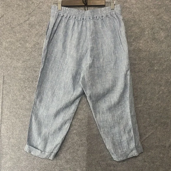 Magic Linen Crop Pants Womens Sz M Blue 100% Linen Pockets Button Close Elastic - Picture 2 of 8